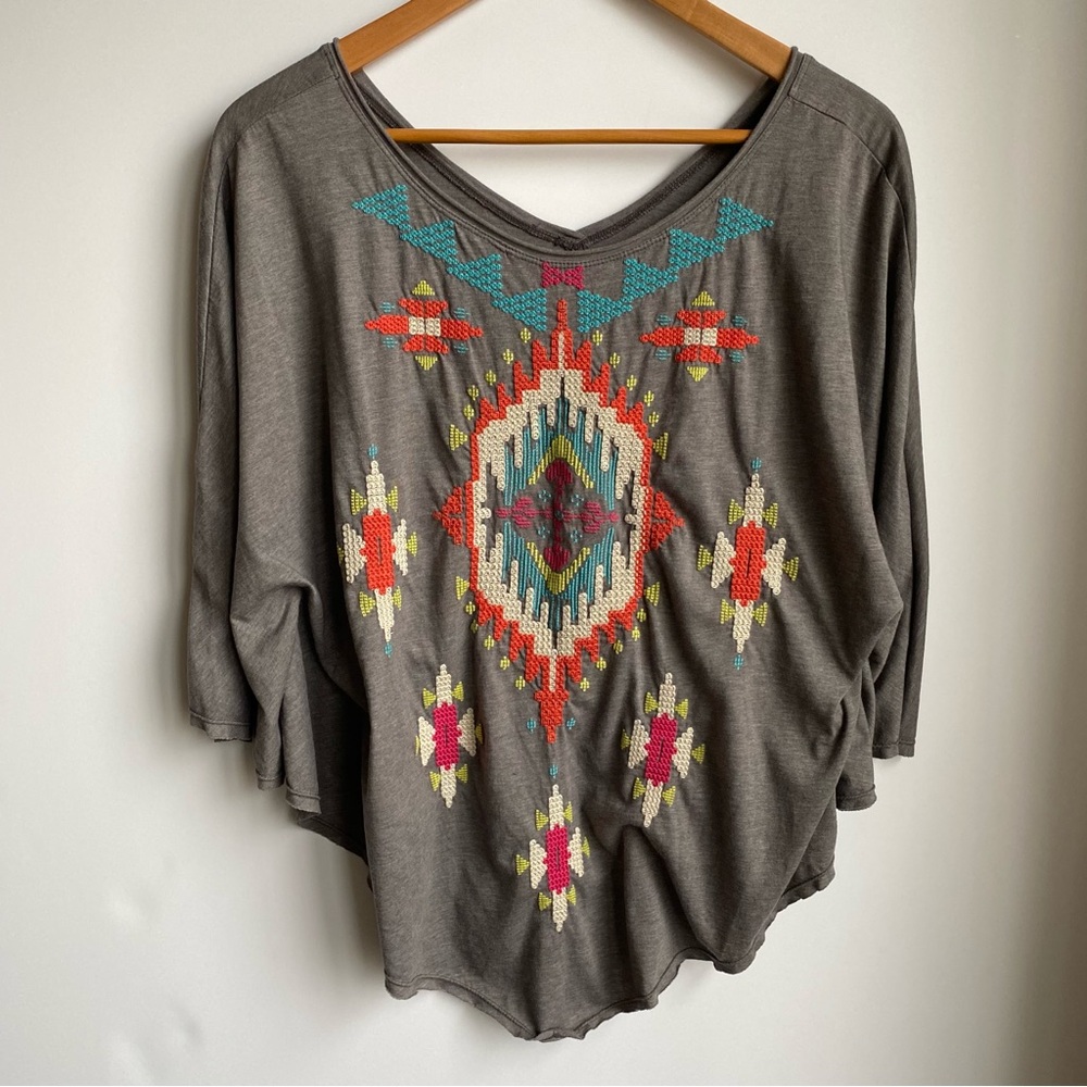 Johnny Was Gray Embroidered Southwest Boho Flowy Off Shoulder Blouse XS